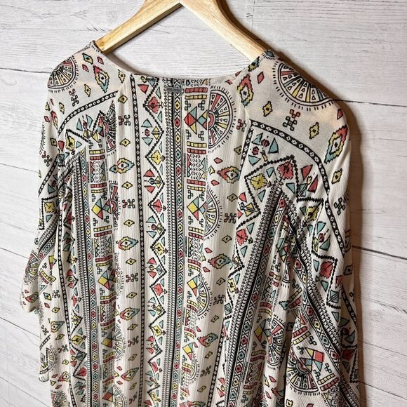 Billabong Kimono Cardigan Size S/M Salty Waves Geometric Aztec Print Fringe Boho - Picture 15 of 16